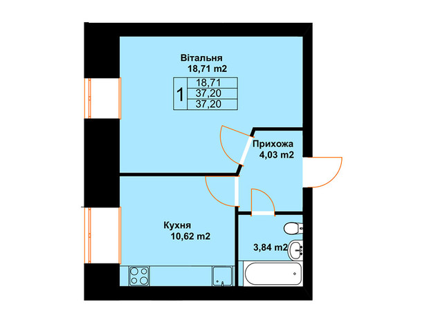 ЖК Бавария: планировка 1-комнатной квартиры 37.2 м²