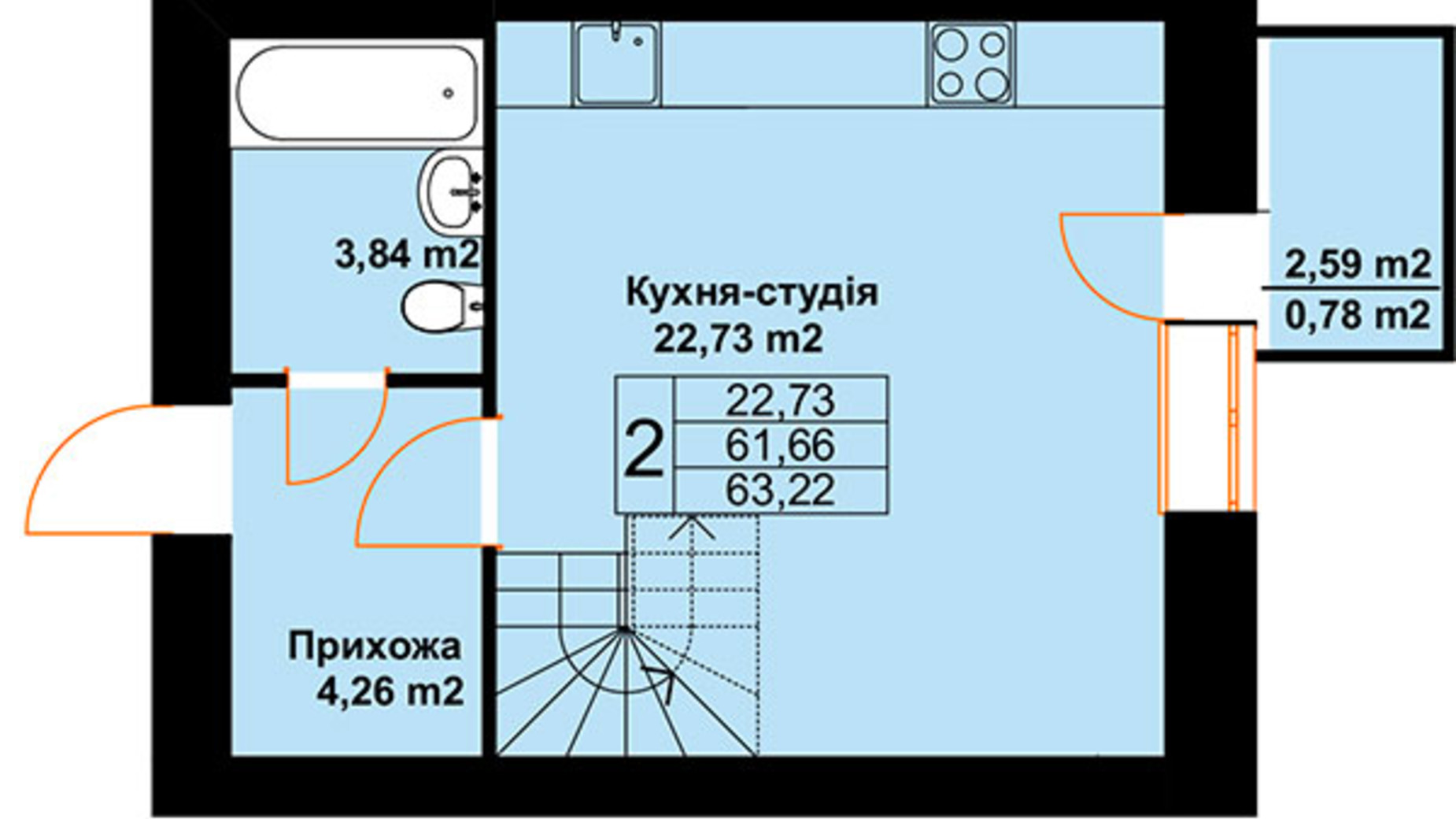 Планування багато­рівневої квартири в ЖК Баварія 63.22 м², фото 485232