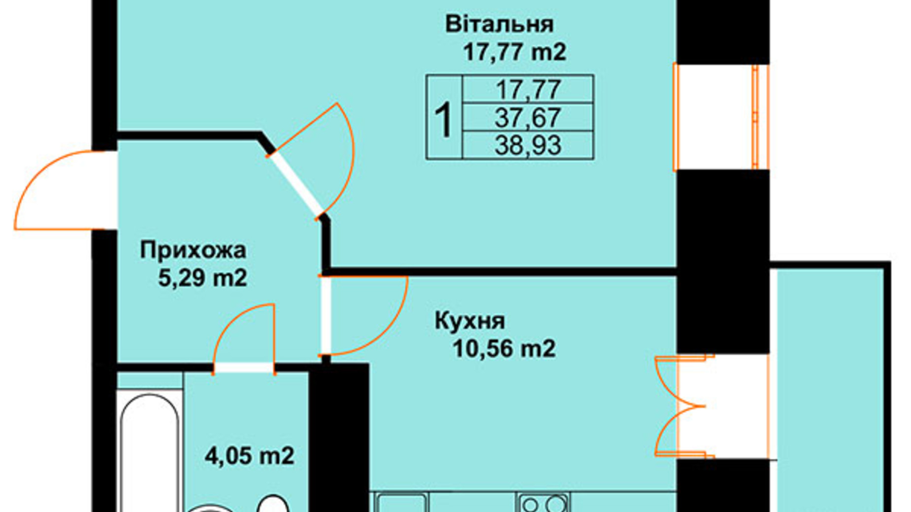 Планировка 1-комнатной квартиры в ЖК Бавария 38.93 м², фото 485234