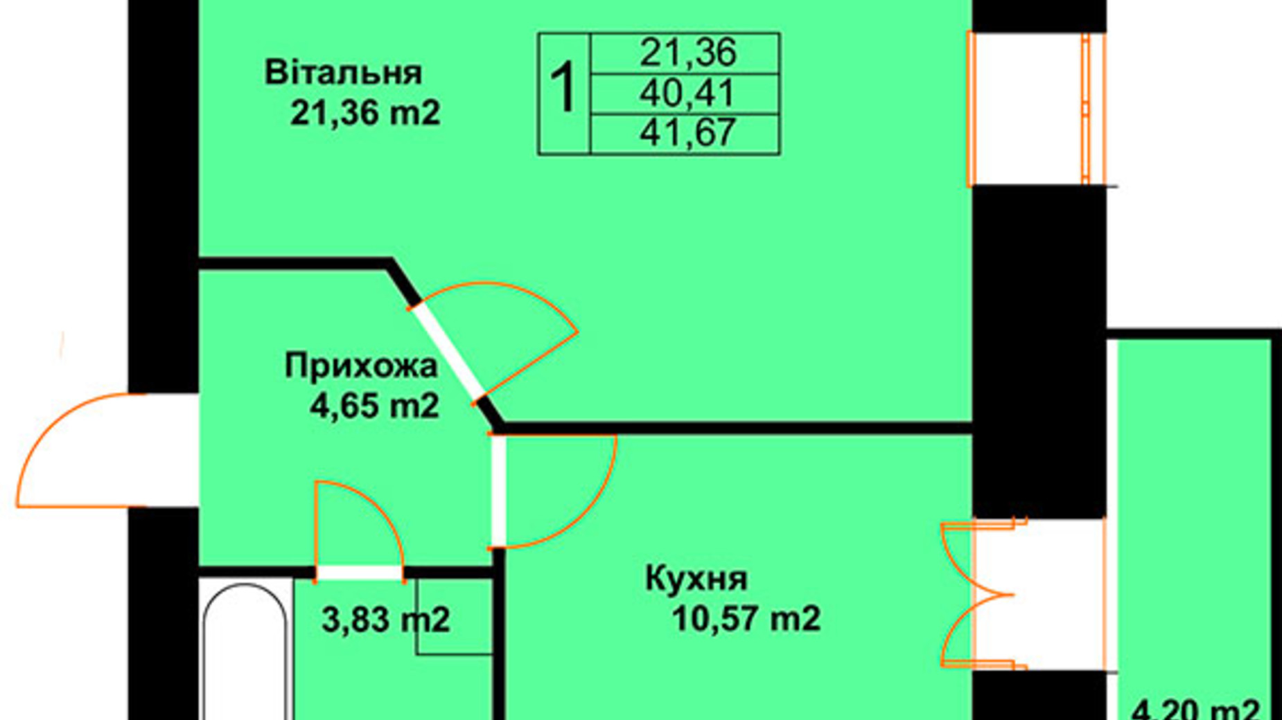 Планування 1-кімнатної квартири в ЖК Баварія 41.67 м², фото 485236