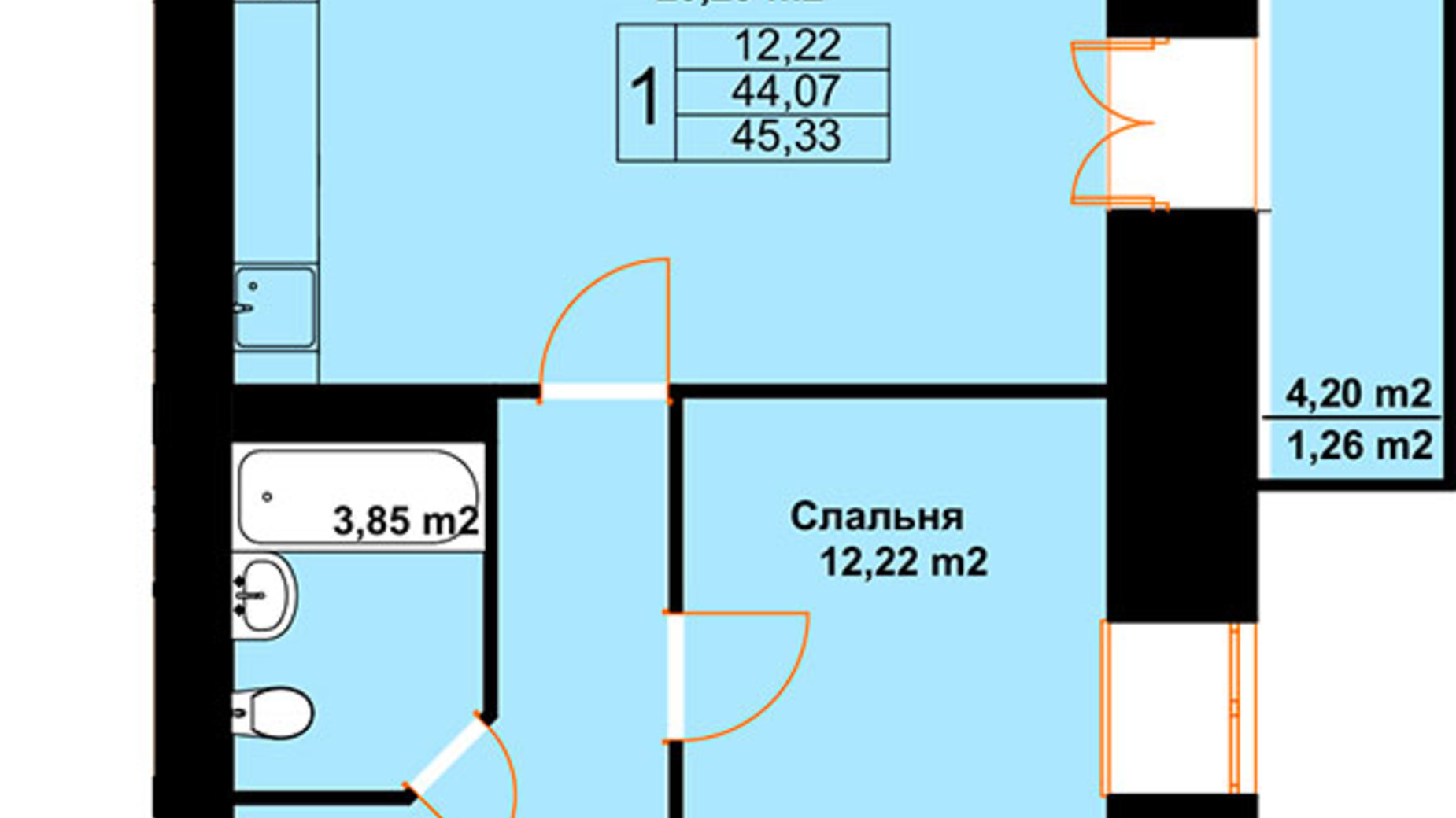 Планировка 1-комнатной квартиры в ЖК Бавария 45.33 м², фото 485237