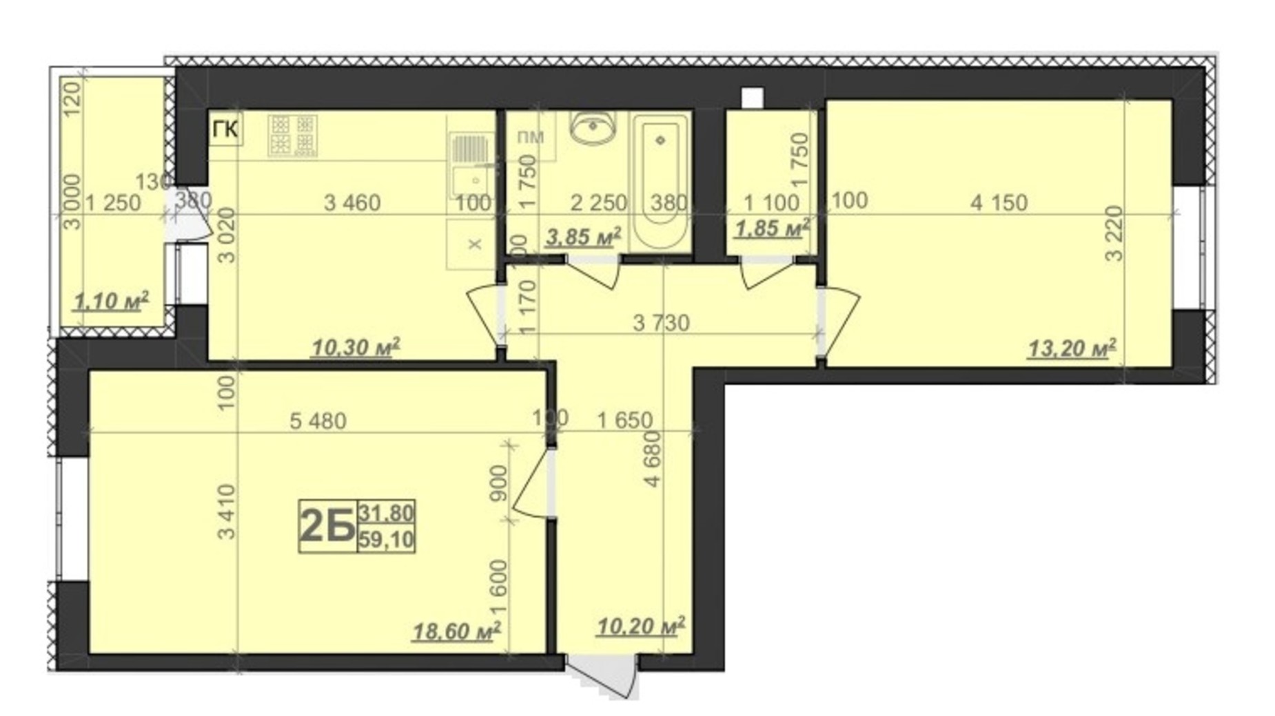 Планировка 2-комнатной квартиры в ЖК Заря 59.1 м², фото 485380