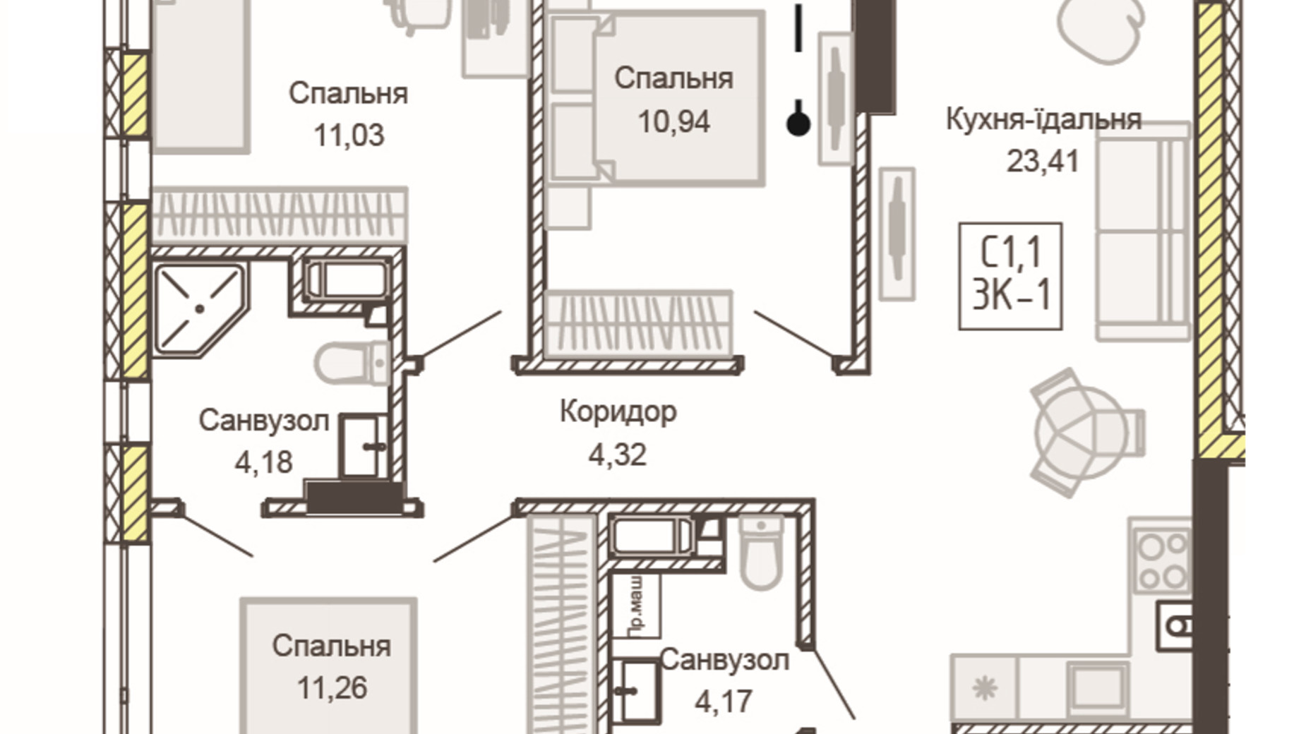 Планування 3-кімнатної квартири в ЖК Empatika 75.8 м², фото 486011