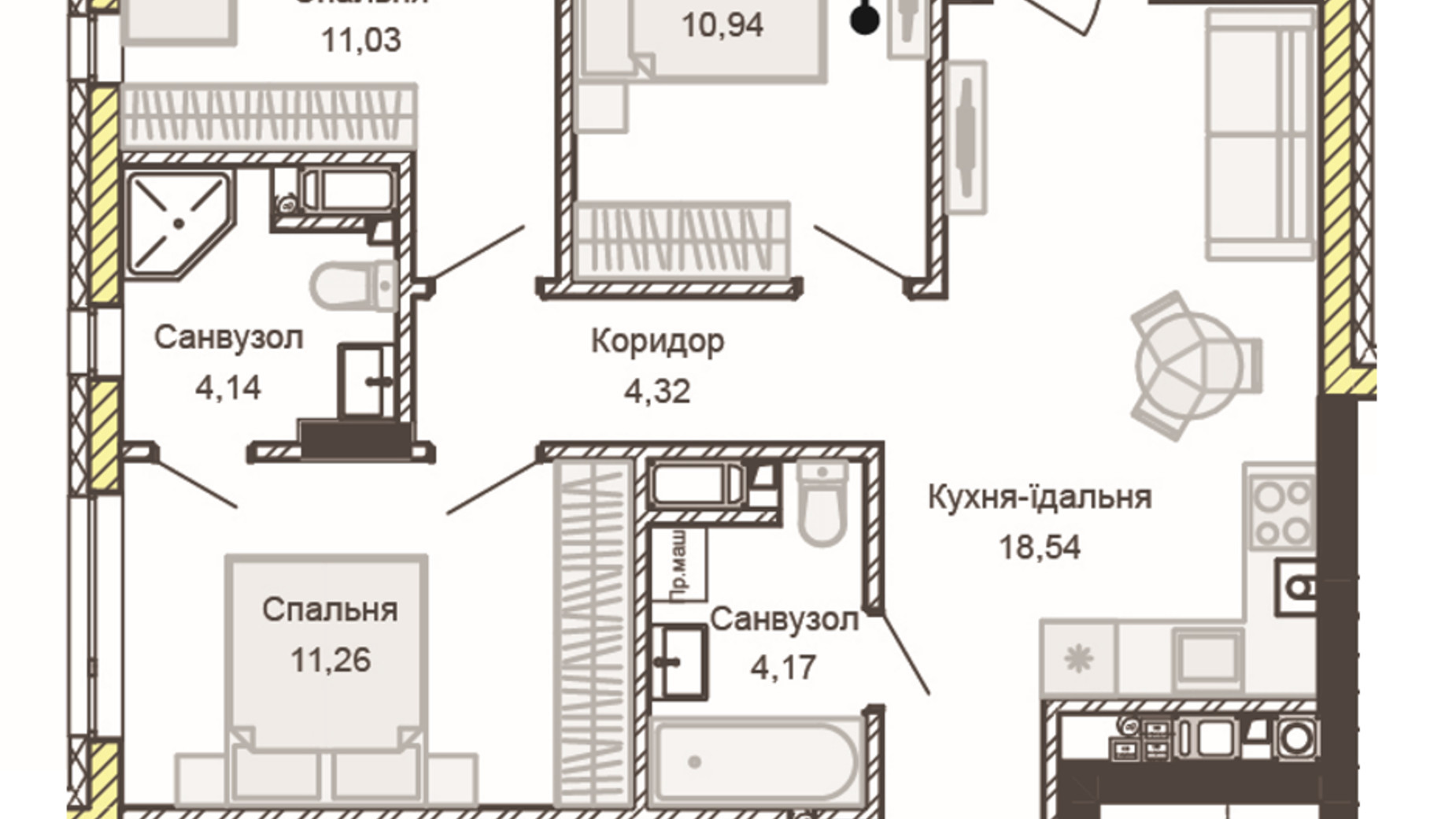 Планировка 3-комнатной квартиры в ЖК Empatika 71.08 м², фото 486012