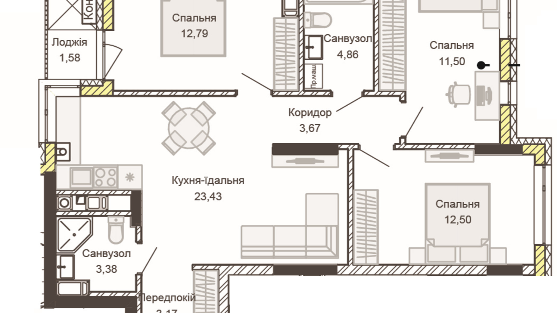 Планування 3-кімнатної квартири в ЖК Empatika 76.8 м², фото 486017