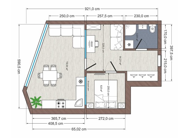 Апарт-комплекс Grand Family: планировка 2-комнатной квартиры 44.4 м²