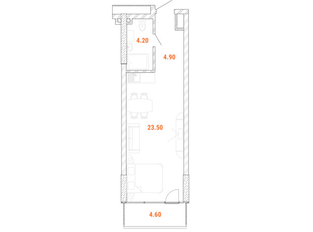 Дохідний дім Standard One Obolon: планування 1-кімнатної квартири 34.9 м²