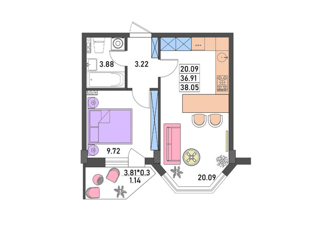 ЖК Меридиан: планировка 1-комнатной квартиры 33.7 м²