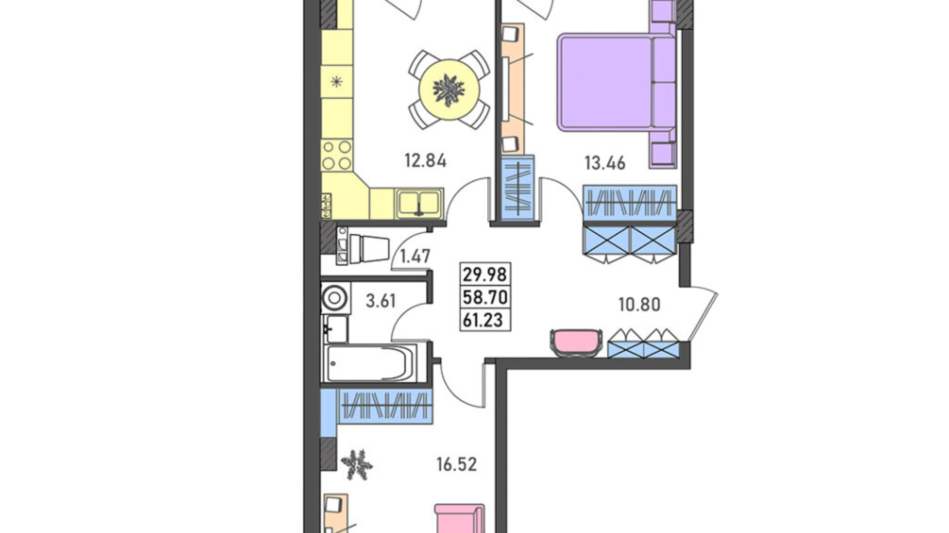 Планировка 2-комнатной квартиры в ЖК Меридиан 58.7 м², фото 486511