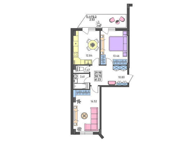 ЖК Меридиан: планировка 2-комнатной квартиры 58.7 м²