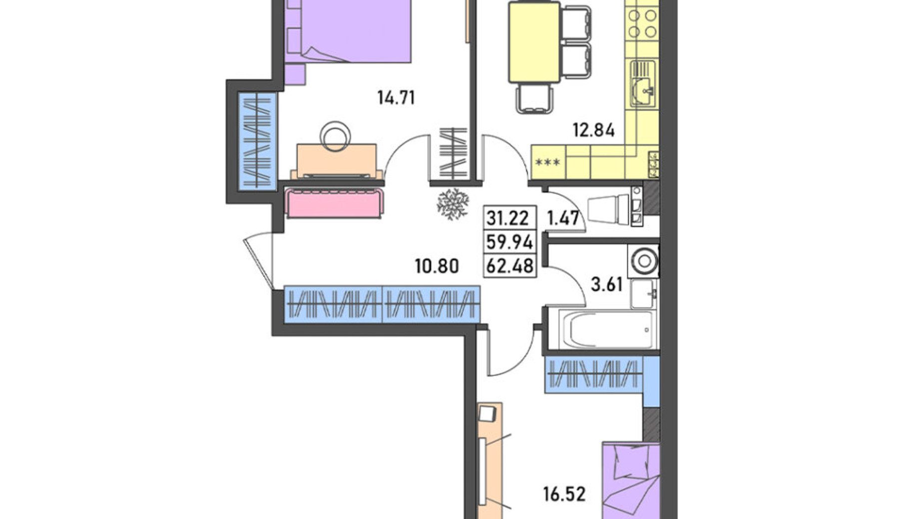 Планування 1-кімнатної квартири в ЖК Меридіан 62.5 м², фото 486514
