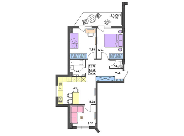 ЖК Меридиан: планировка 3-комнатной квартиры 66.3 м²