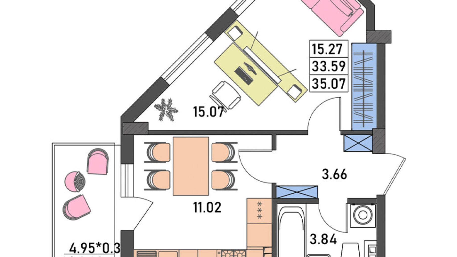 Планування 1-кімнатної квартири в ЖК Меридіан 35.1 м², фото 486523