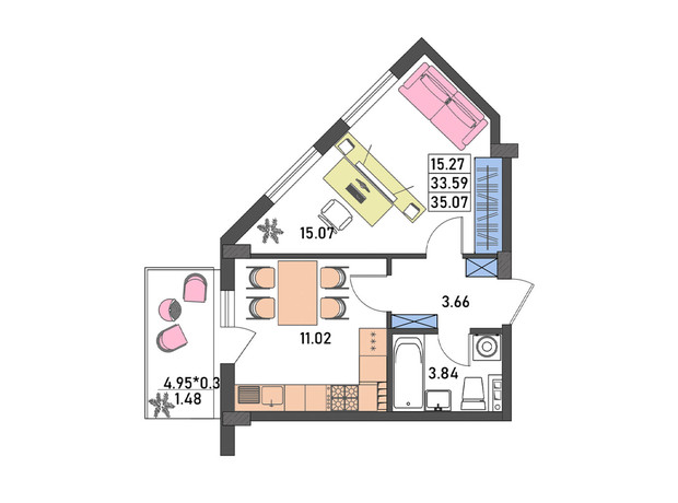 ЖК Меридиан: планировка 1-комнатной квартиры 35.1 м²