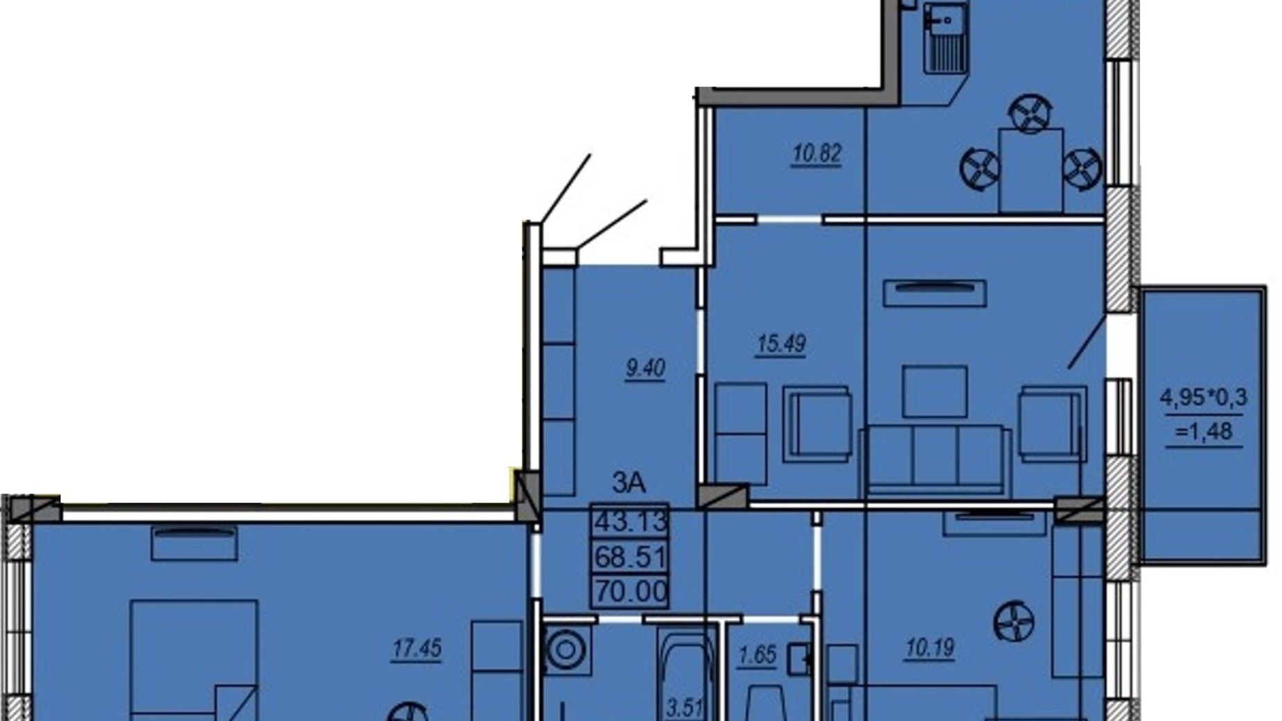 Планировка 3-комнатной квартиры в ЖК Меридиан 70 м², фото 486797
