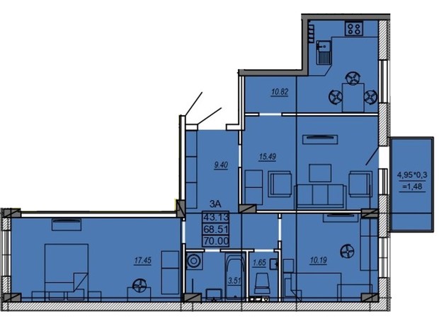 ЖК Меридіан: планування 3-кімнатної квартири 70 м²