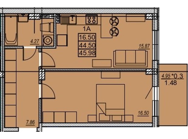 ЖК Меридиан: планировка 1-комнатной квартиры 46 м²