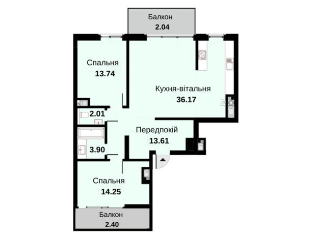 ЖК Княжий Холл: планування 2-кімнатної квартири 88.12 м²