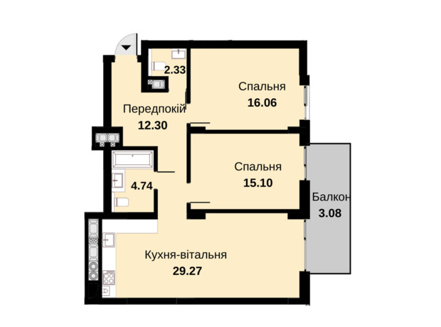 ЖК Княжий Холл: планування 2-кімнатної квартири 82.88 м² ЖК Княжий Холл: планування 2-кімнатної квартири 82.88 м²