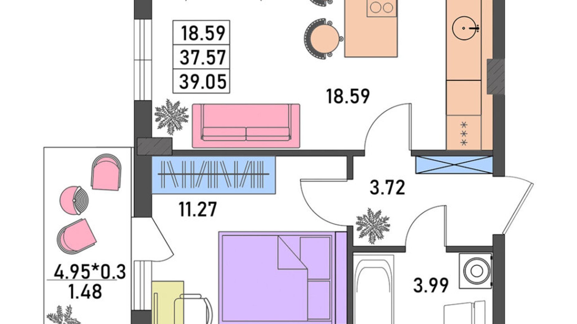 Планування 1-кімнатної квартири в ЖК Меридіан 39 м², фото 487389