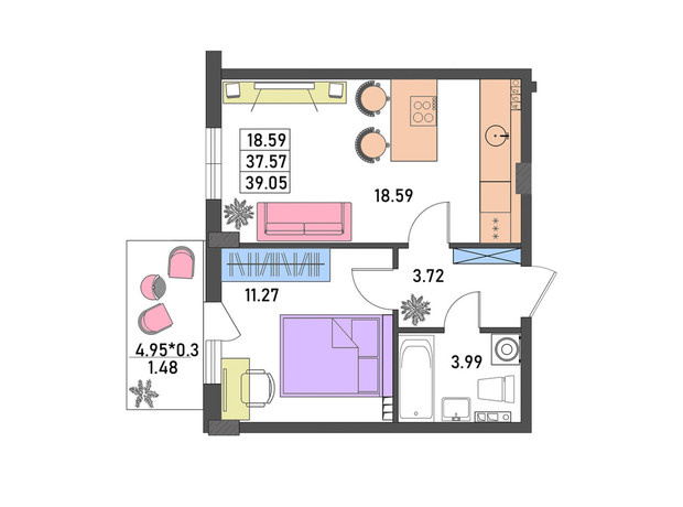 ЖК Меридиан: планировка 1-комнатной квартиры 39 м²