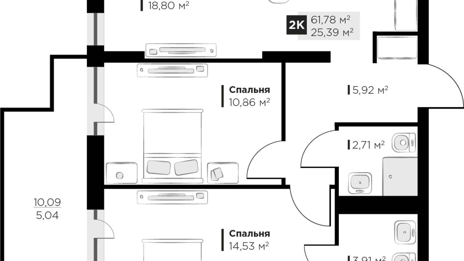 Планування 2-кімнатної квартири в ЖК PERFECT LIFE 61.78 м², фото 487447