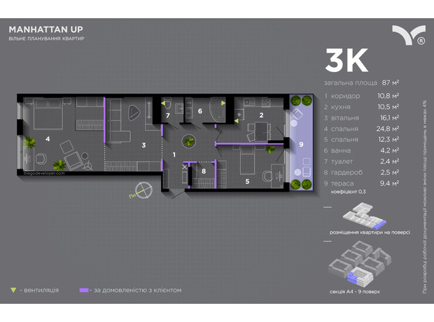 ЖК Manhattan Up: планировка 3-комнатной квартиры 87 м²