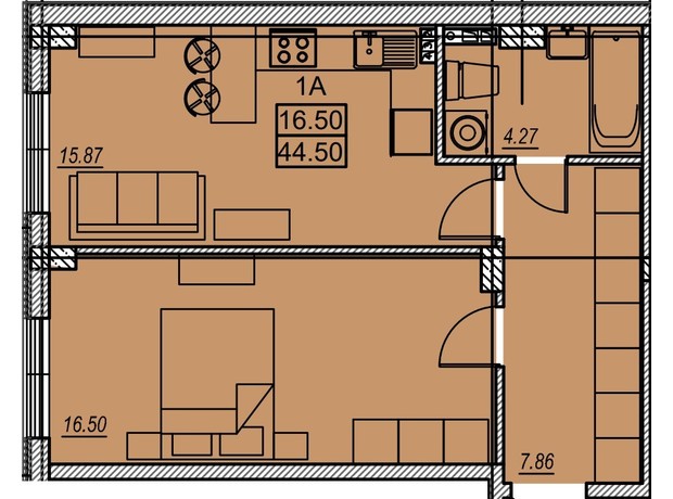 ЖК Меридиан: планировка 1-комнатной квартиры 44.5 м²