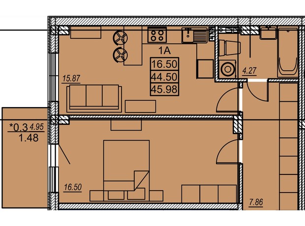 ЖК Меридиан: планировка 1-комнатной квартиры 46 м²
