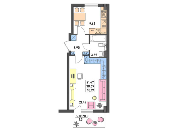 ЖК Меридиан: планировка 1-комнатной квартиры 40.2 м²