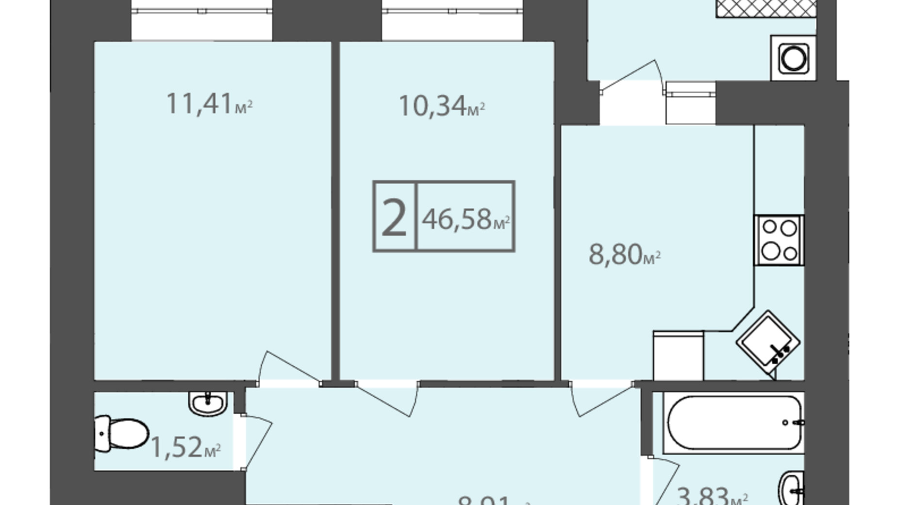 Планировка 2-комнатной квартиры в ЖК Европейский квартал 46.58 м², фото 488143