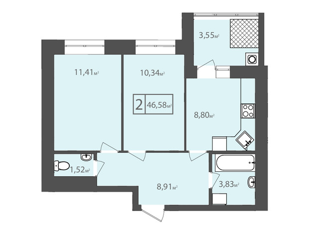 ЖК Европейский квартал: планировка 2-комнатной квартиры 46.58 м²