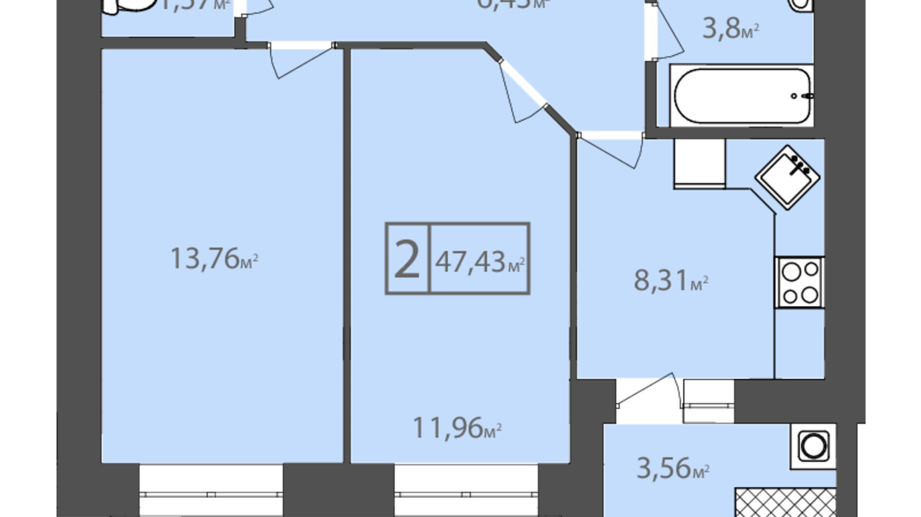 Планировка 2-комнатной квартиры в ЖК Европейский квартал 47.43 м², фото 488144