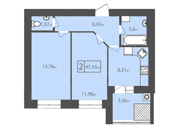 ЖК Европейский квартал: планировка 2-комнатной квартиры 47.43 м²