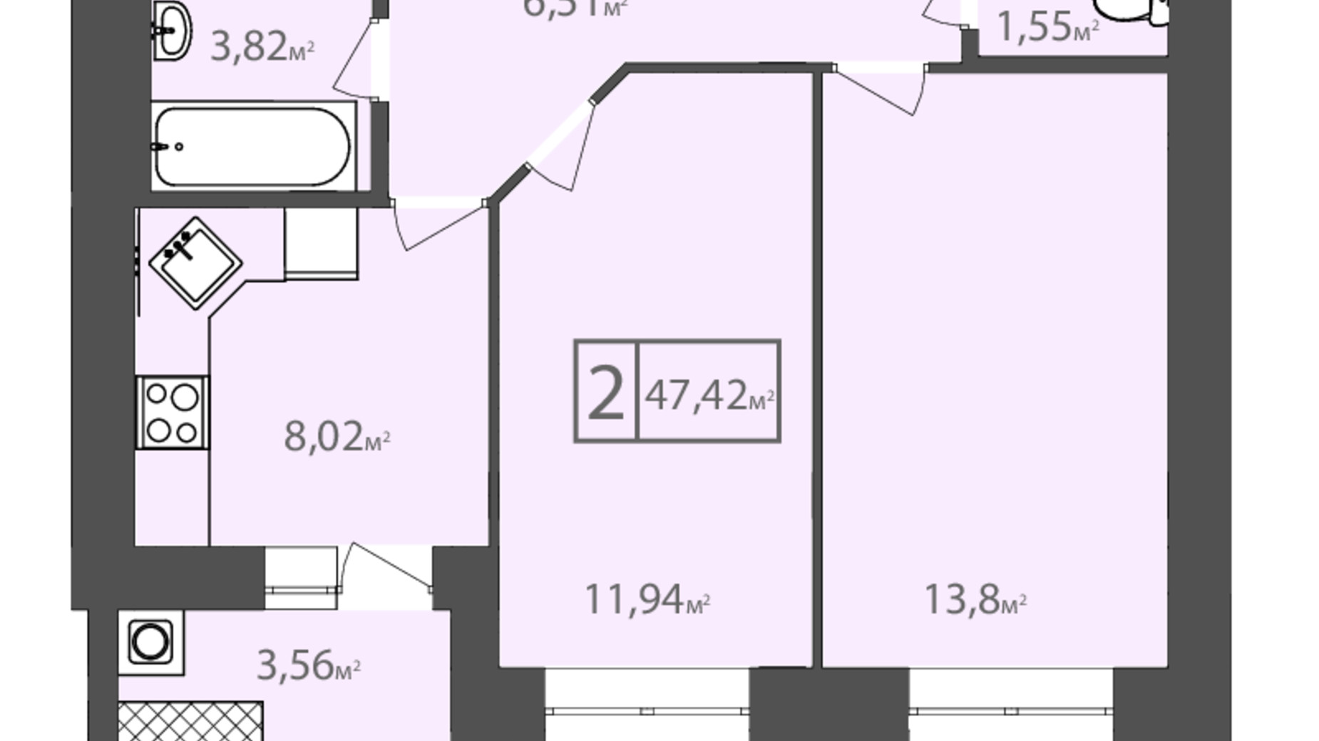 Планування 2-кімнатної квартири в ЖК Європейський квартал 47.42 м², фото 488145