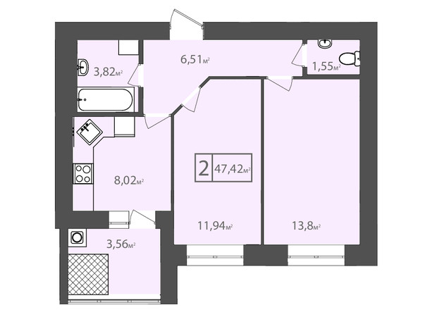 ЖК Європейський квартал: планування 2-кімнатної квартири 47.42 м²