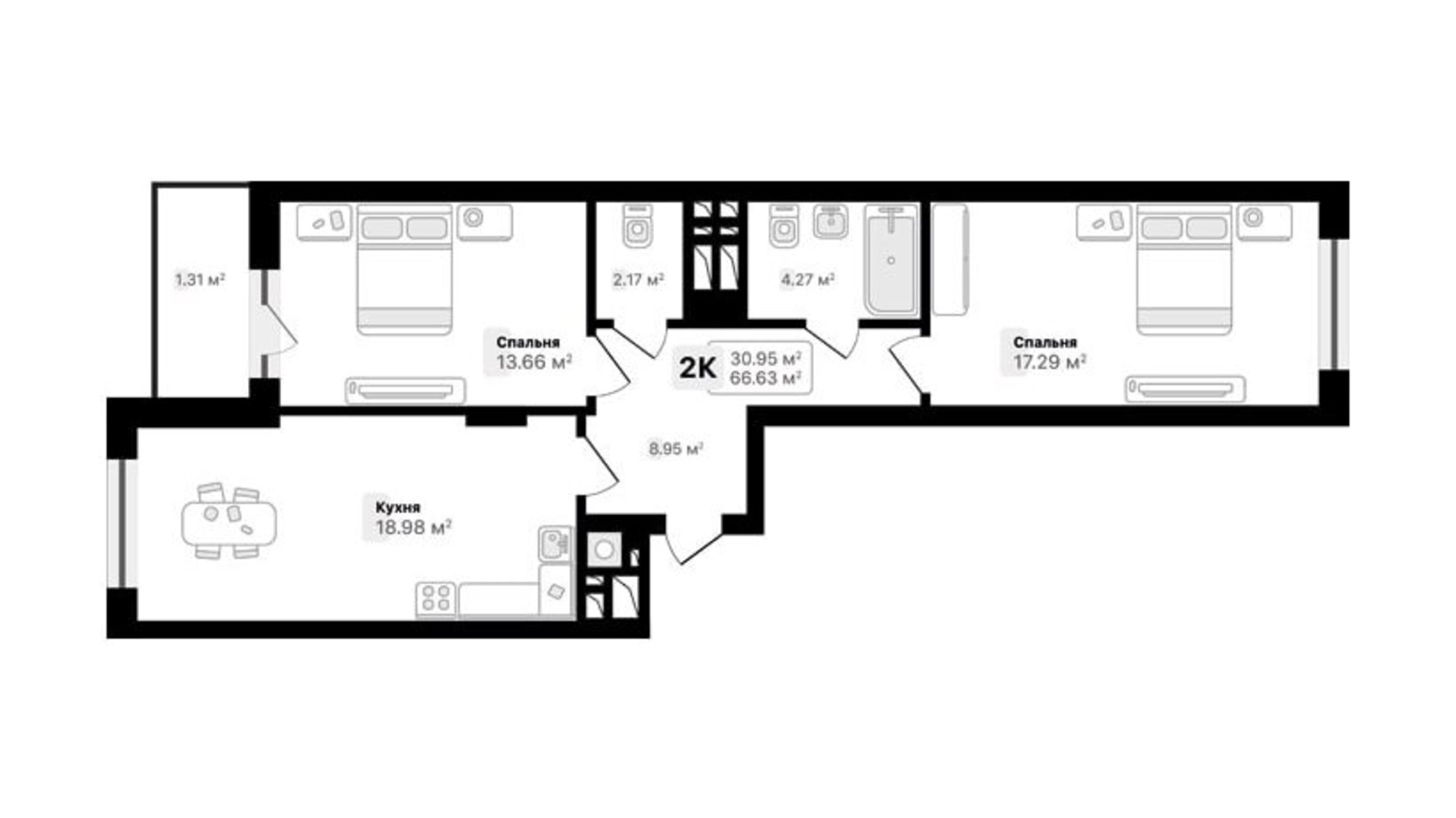 Планування 2-кімнатної квартири в ЖК Auroom Sunrise 66.63 м², фото 488173