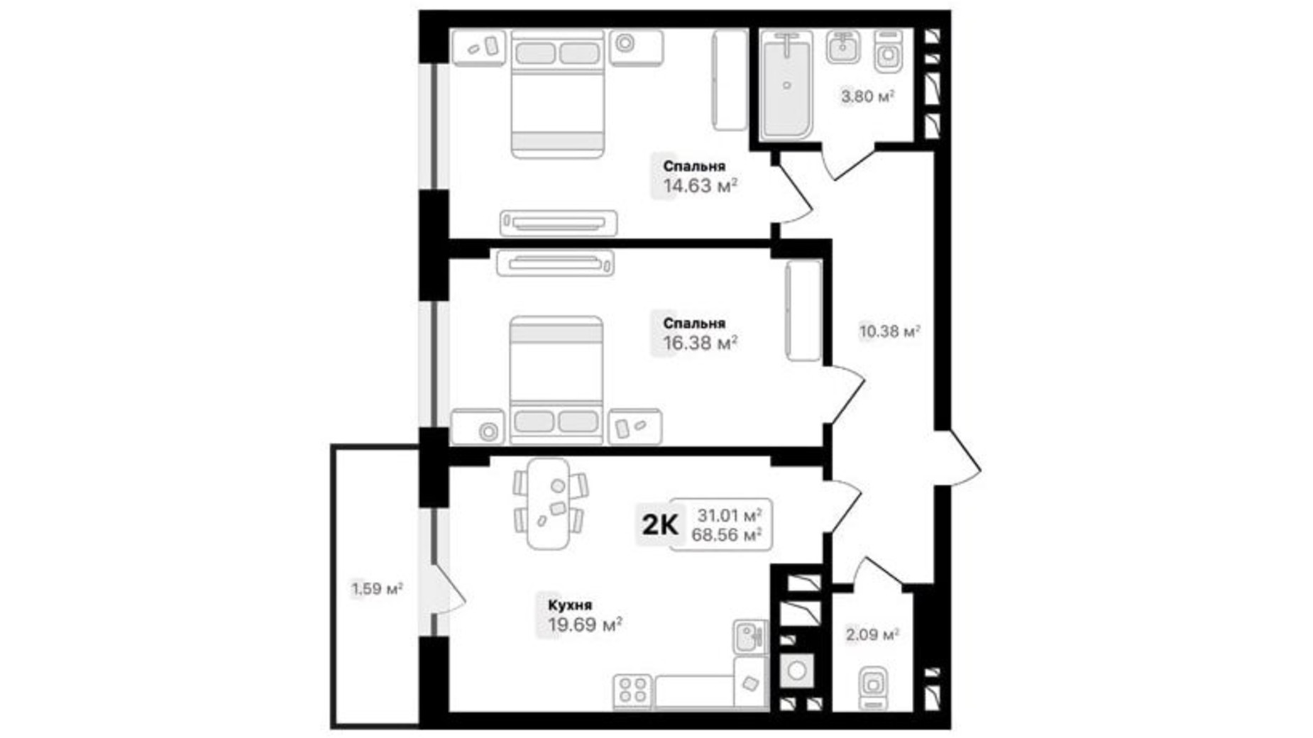 Планування 2-кімнатної квартири в ЖК Auroom Sunrise 68.56 м², фото 488182