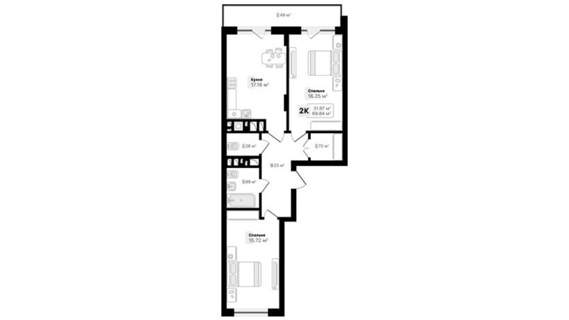 Планування 2-кімнатної квартири в ЖК Auroom Sunrise 69.84 м², фото 488213