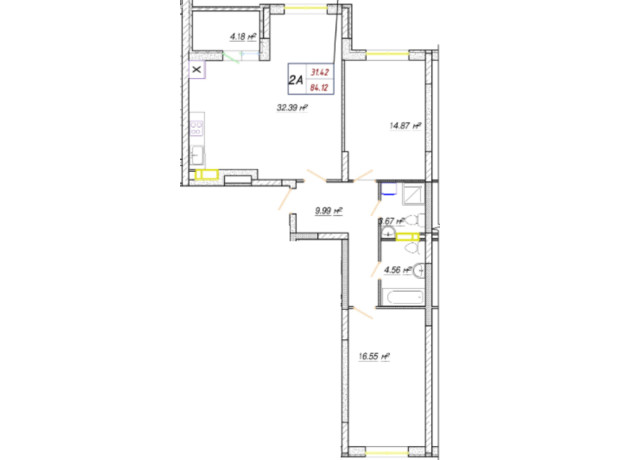 ЖК Вудстория: планировка 2-комнатной квартиры 84.12 м²