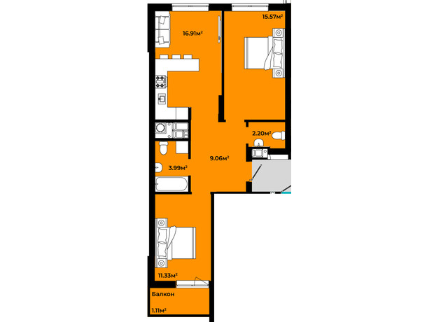 ЖК Continent Art: планування 2-кімнатної квартири 60.17 м²