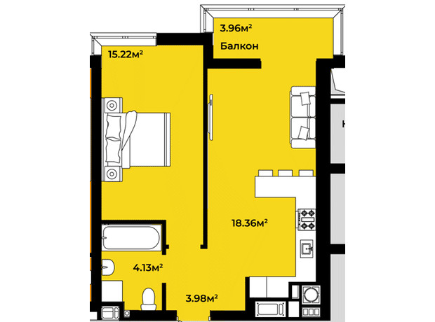 ЖК Continent Art: планування 1-кімнатної квартири 45.65 м²