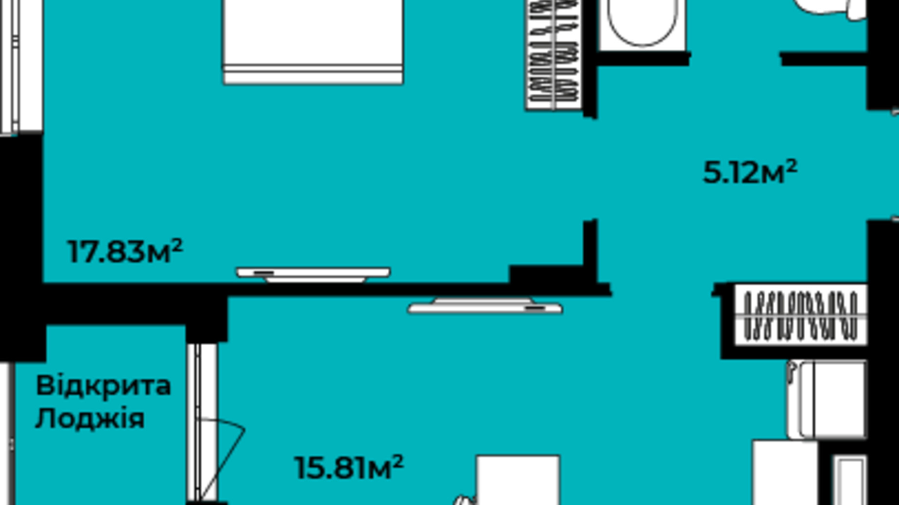 Планування 1-кімнатної квартири в ЖК Continent style  44.4 м², фото 488526