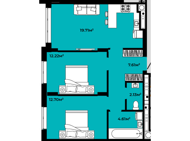 ЖК Continent style : планировка 2-комнатной квартиры 58.98 м²