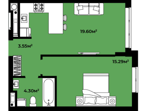 ЖК Continent style : планування 1-кімнатної квартири 42.74 м²