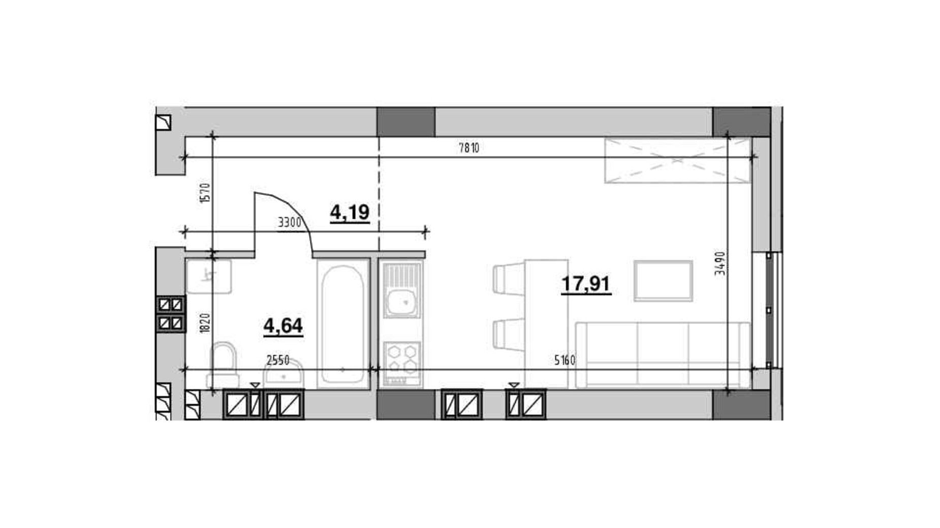 Планировка 1-комнатной квартиры в ЖК Риел Сити 26.74 м², фото 489084