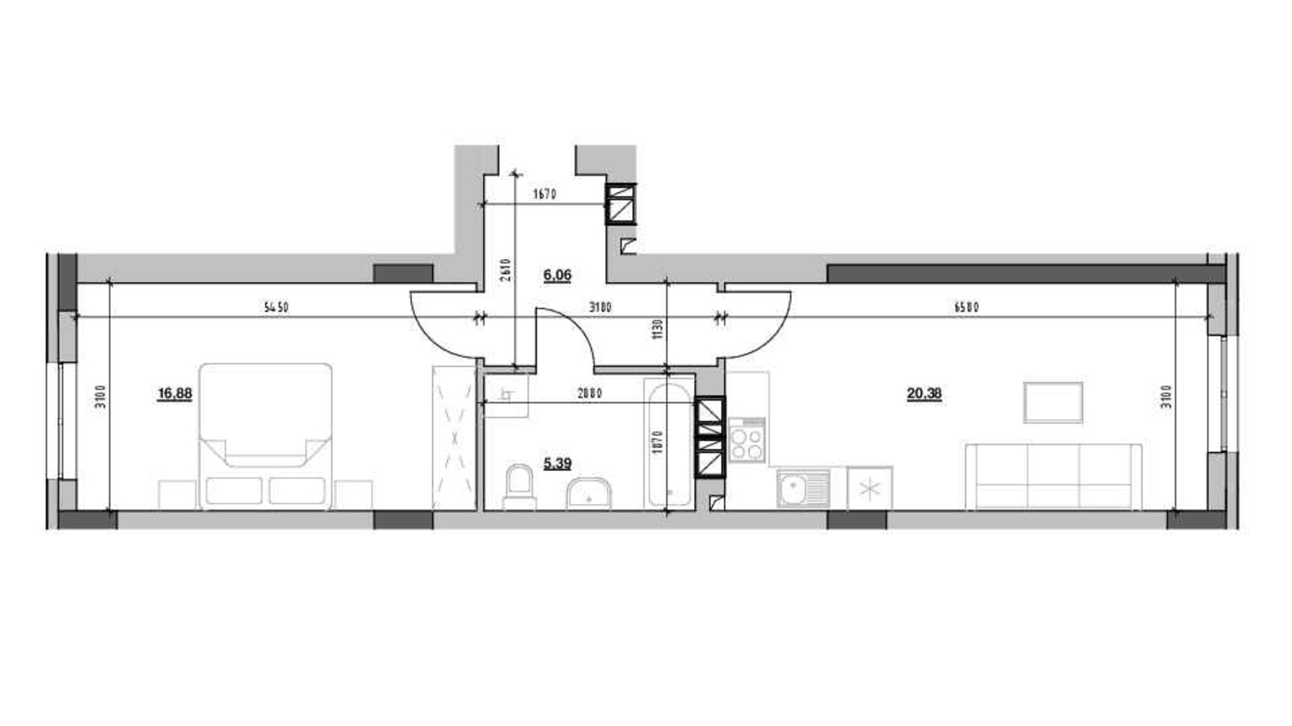 Планировка 1-комнатной квартиры в ЖК Риел Сити 48.71 м², фото 489086