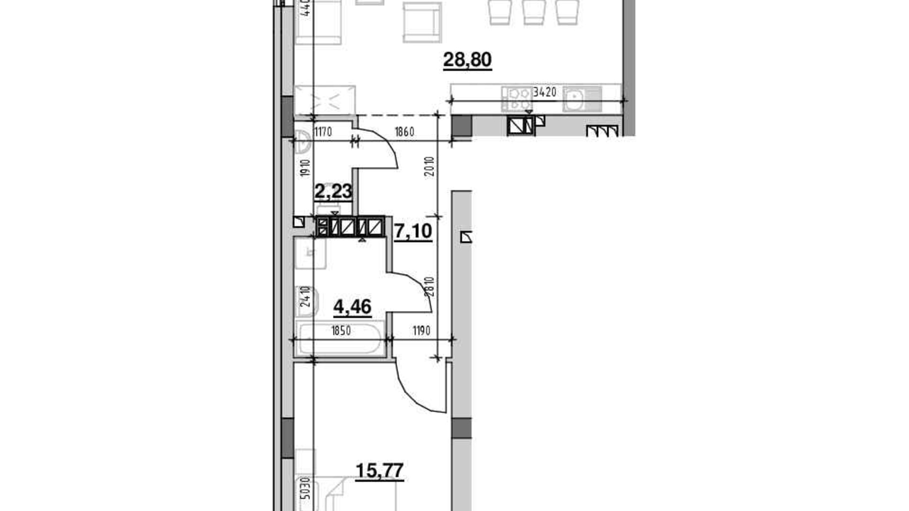 Планування 1-кімнатної квартири в ЖК Ріел Сіті 58.36 м², фото 489088