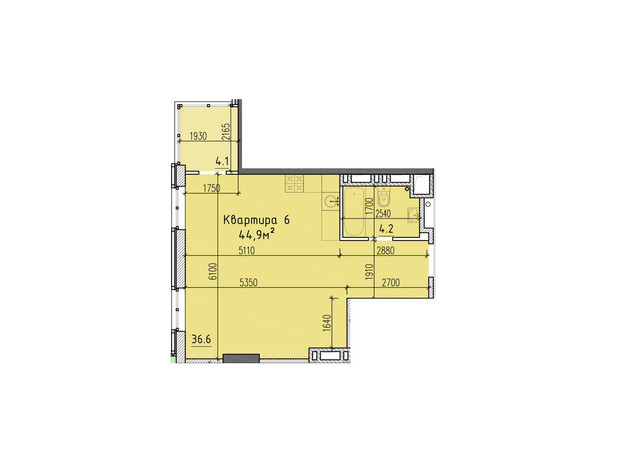 ЖК River Hall : свободная планировка квартиры 44.9 м²