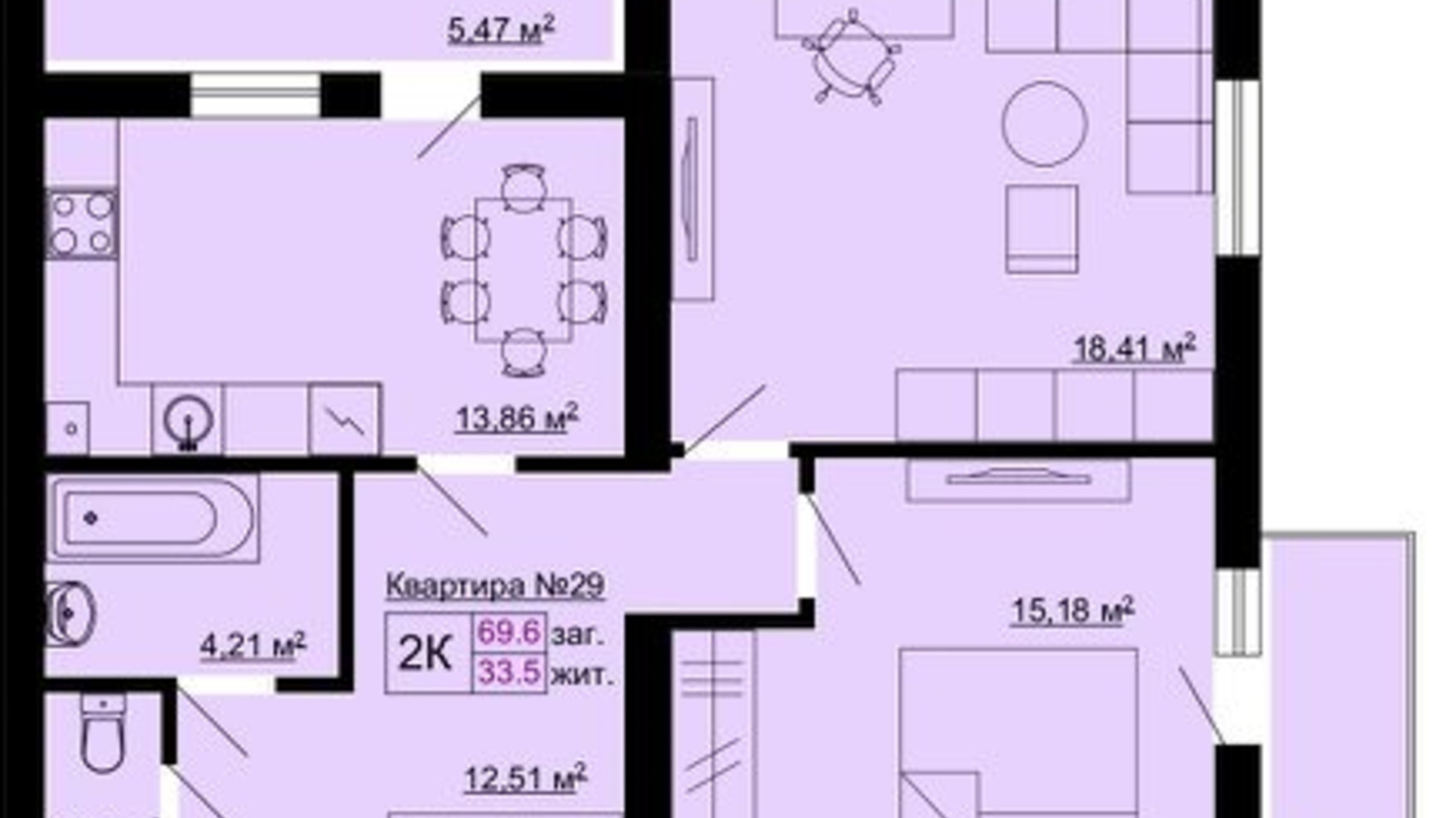 Планировка 2-комнатной квартиры в ЖК Южный 68.9 м², фото 489624